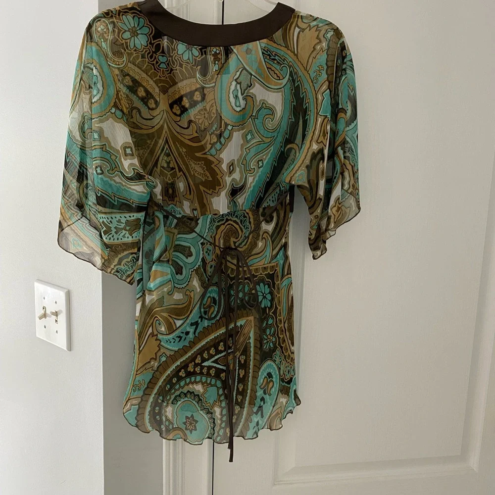 Rampage Teal and Brown Paisley Sheer Blouse - Picture 3 of 6